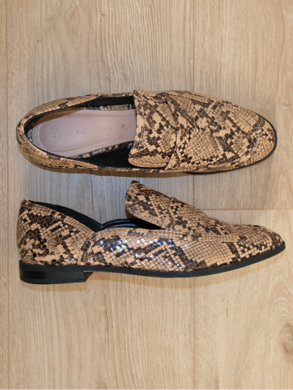 Zara Brown Snake-Print Loafers